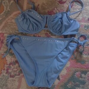 Sky blue rhinestone string bikini